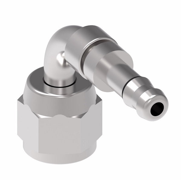 FJ3149-0404S E-Z Clip System by Danfoss | Female SAE 45° Flare (Universal) 90° Elbow | A/C Refrigeration Fitting | -04 Female SAE 45° Flare x -04 Hose Barb | Steel