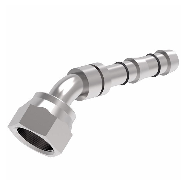 FJ3161-03-1010S E-Z Clip System by Danfoss | Female ORS Swivel 45° Elbow | A/C Refrigeration Fitting | -10 Female O-Ring Face Seal Swivel x -10 Hose Barb | Steel