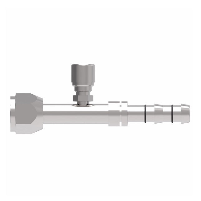 FJ3162-0808S E-Z Clip System by Danfoss | Female O-Ring (Long Pilot) with Switch Port (7/16-20 thd) | A/C Refrigeration Fitting | -08 Female O-Ring Long Pilot x -08 Hose Barb | Steel