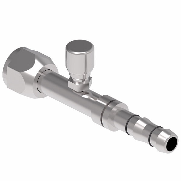 FJ3162-1012S E-Z Clip System by Danfoss | Female O-Ring (Long Pilot) with Switch Port (7/16-20 thd) | A/C Refrigeration Fitting | -10 Female O-Ring Long Pilot x -12 Hose Barb | Steel