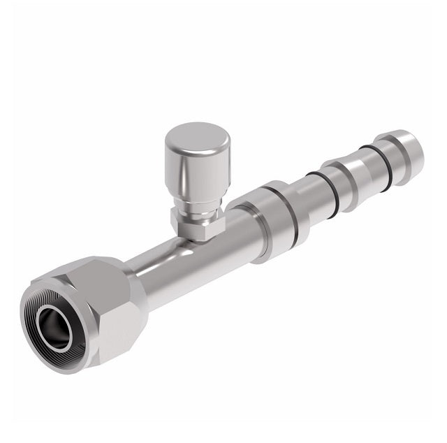 FJ3162-1010S E-Z Clip System by Danfoss | Female O-Ring (Long Pilot) with Switch Port (7/16-20 thd) | A/C Refrigeration Fitting | -10 Female O-Ring Long Pilot x -10 Hose Barb | Steel