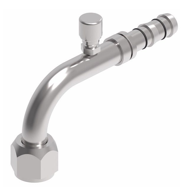 FJ3163-01-1010S E-Z Clip System by Danfoss | Female O-Ring 90° Elbow (Short Pilot) with Charge Port (7/16-20 thd) | A/C Refrigeration Fitting | -10 Female O-Ring Short Pilot x -10 Hose Barb | Steel