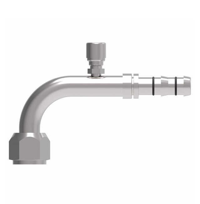 FJ3163-01-1010S E-Z Clip System by Danfoss | Female O-Ring 90° Elbow (Short Pilot) with Charge Port (7/16-20 thd) | A/C Refrigeration Fitting | -10 Female O-Ring Short Pilot x -10 Hose Barb | Steel