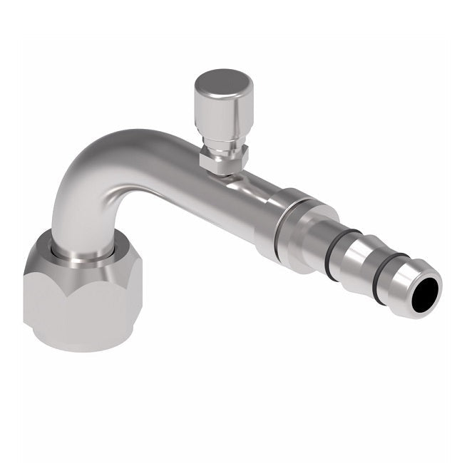 FJ3163-01-1010S E-Z Clip System by Danfoss | Female O-Ring 90° Elbow (Short Pilot) with Charge Port (7/16-20 thd) | A/C Refrigeration Fitting | -10 Female O-Ring Short Pilot x -10 Hose Barb | Steel