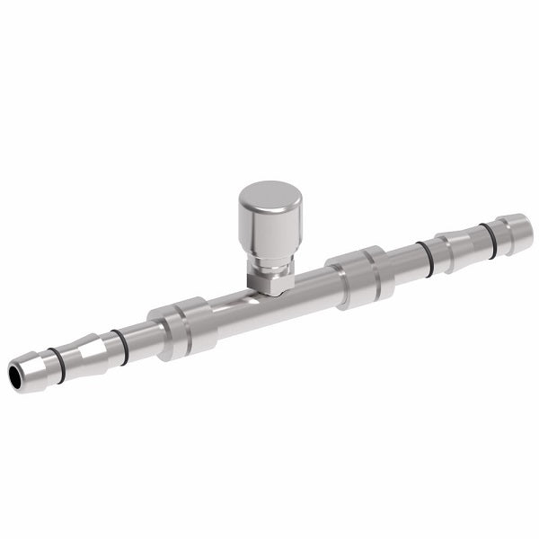 FJ3171-1010S E-Z Clip System by Danfoss | Splicer with Switch Port (7/16-20 thd) | A/C Refrigeration Fitting | -10 Hose Barb x -10 Hose Barb | Steel