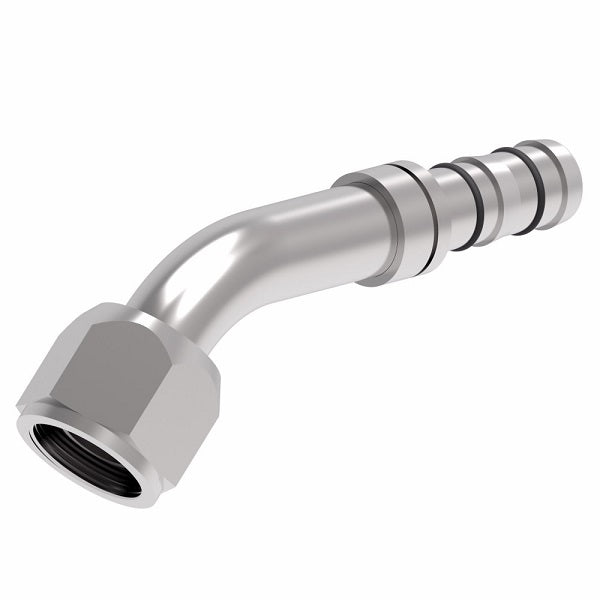FJ3192-02-1212S E-Z Clip System by Danfoss | Female O-Ring (Long Pilot) Metric Thread 45° Elbow | A/C Refrigeration Fitting | M27 Female O-Ring Long Pilot x -12 Hose Barb | Steel