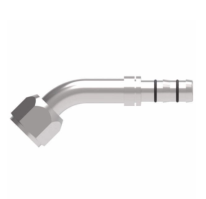 FJ3192-02-1212S E-Z Clip System by Danfoss | Female O-Ring (Long Pilot) Metric Thread 45° Elbow | A/C Refrigeration Fitting | M27 Female O-Ring Long Pilot x -12 Hose Barb | Steel