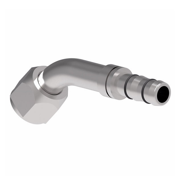 FJ3192-02-1212S E-Z Clip System by Danfoss | Female O-Ring (Long Pilot) Metric Thread 45° Elbow | A/C Refrigeration Fitting | M27 Female O-Ring Long Pilot x -12 Hose Barb | Steel