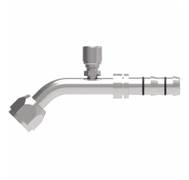 FJ3230-02-1012S E-Z Clip System by Danfoss | Female O-Ring 45° Elbow (Long Pilot) with Switch Port (7/16-20 thd) | A/C Refrigeration Fitting | -10 Female O-Ring Long Pilot x -12 Hose Barb | Steel