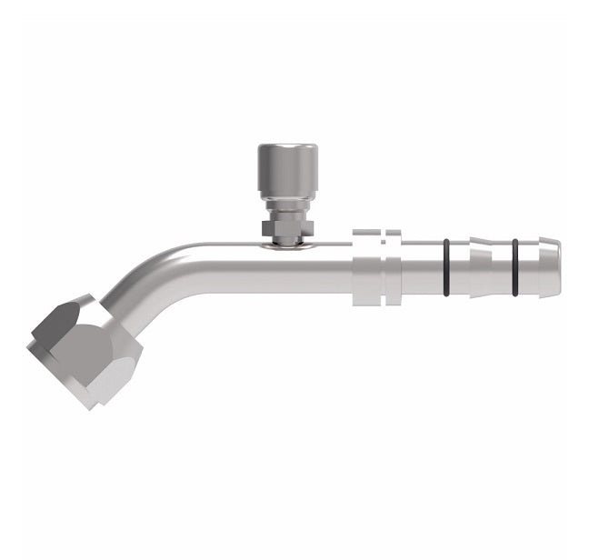 FJ3230-05-1016S E-Z Clip System by Danfoss | Female O-Ring 45° Elbow (Long Pilot) with Switch Port (7/16-20 thd) | A/C Refrigeration Fitting | -10 Female O-Ring Long Pilot x -16 Hose Barb | Steel
