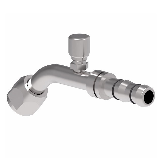 FJ3230-05-1016S E-Z Clip System by Danfoss | Female O-Ring 45° Elbow (Long Pilot) with Switch Port (7/16-20 thd) | A/C Refrigeration Fitting | -10 Female O-Ring Long Pilot x -16 Hose Barb | Steel