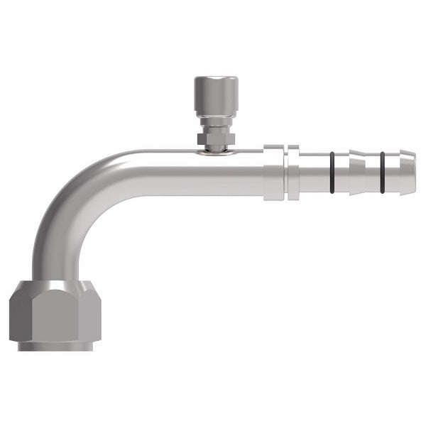 FJ3289-04-0810S E-Z Clip System by Danfoss | Female O-Ring 90° Elbow (Long Pilot) with Charge Port (7/16-20 thd) | A/C Refrigeration Fitting | -08 Female O-Ring Long Pilot x -10 Hose Barb | Steel
