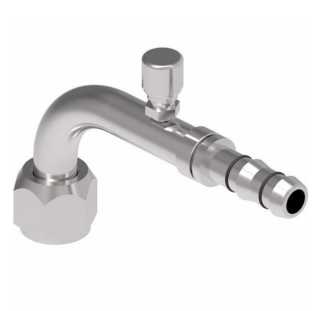 FJ3289-05-1012S E-Z Clip System by Danfoss | Female O-Ring 90° Elbow (Long Pilot) with Charge Port (7/16-20 thd) | A/C Refrigeration Fitting | -10 Female O-Ring Long Pilot x -12 Hose Barb | Steel