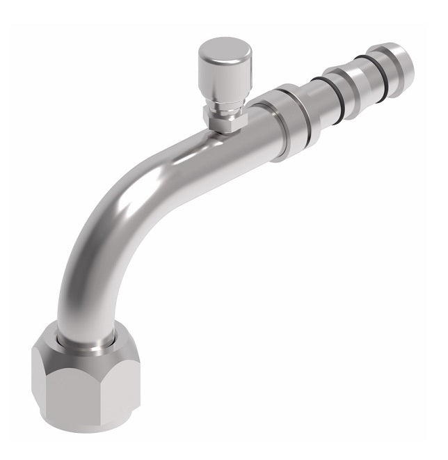 FJ3289-04-0810S E-Z Clip System by Danfoss | Female O-Ring 90° Elbow (Long Pilot) with Charge Port (7/16-20 thd) | A/C Refrigeration Fitting | -08 Female O-Ring Long Pilot x -10 Hose Barb | Steel