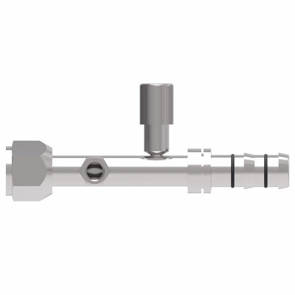 FJ3363-01-1012S E-Z Clip System by Danfoss | Female O-Ring (Short Pilot) with R134a Low Side Port & Female Switch Connection (1/8-27 thd) | A/C Refrigeration Fitting | -12 Female O-Ring Short Pilot x -12 Hose Barb | Steel