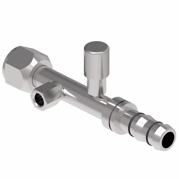 FJ3363-01-1012S E-Z Clip System by Danfoss | Female O-Ring (Short Pilot) with R134a Low Side Port & Female Switch Connection (1/8-27 thd) | A/C Refrigeration Fitting | -12 Female O-Ring Short Pilot x -12 Hose Barb | Steel