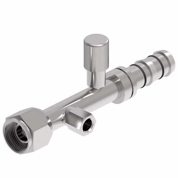 FJ3363-02-0810S E-Z Clip System by Danfoss | Female O-Ring (Short Pilot) with R134a High Side Port & Female Switch Connection (1/8-27 thd) | A/C Refrigeration Fitting | -08 Female O-Ring Short Pilot x -10 Hose Barb | Steel
