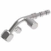 FJ3365-01-1012S E-Z Clip System by Danfoss | Female O-Ring 45° Elbow (Short Pilot) with R134a Low Side Port & Switch Port (1/8-27 thd) | A/C Refrigeration Fitting | -10 Female O-Ring Short Pilot x -12 Hose Barb | Steel
