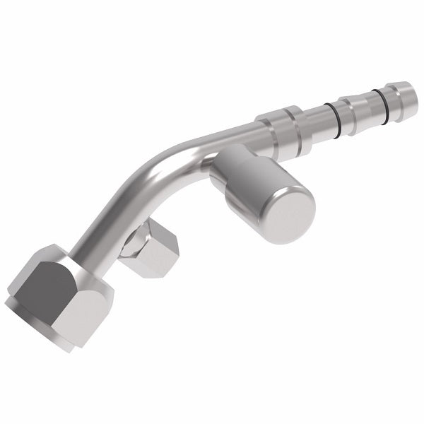 FJ3365-01-1012S E-Z Clip System by Danfoss | Female O-Ring 45° Elbow (Short Pilot) with R134a Low Side Port & Switch Port (1/8-27 thd) | A/C Refrigeration Fitting | -10 Female O-Ring Short Pilot x -12 Hose Barb | Steel