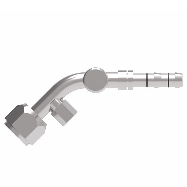 FJ3365-01-1012S E-Z Clip System by Danfoss | Female O-Ring 45° Elbow (Short Pilot) with R134a Low Side Port & Switch Port (1/8-27 thd) | A/C Refrigeration Fitting | -10 Female O-Ring Short Pilot x -12 Hose Barb | Steel