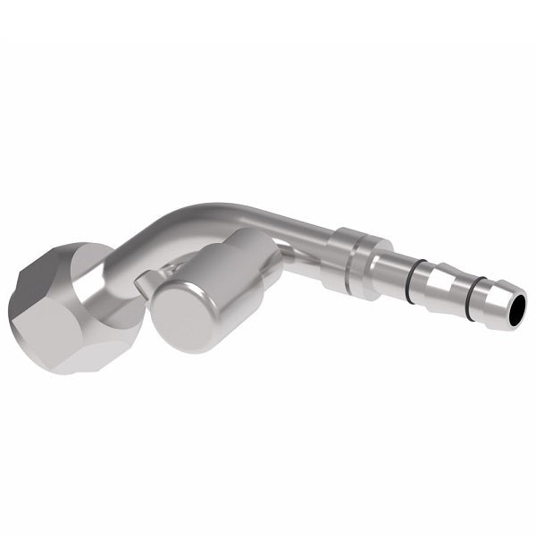 FJ3365-01-1012S E-Z Clip System by Danfoss | Female O-Ring 45° Elbow (Short Pilot) with R134a Low Side Port & Switch Port (1/8-27 thd) | A/C Refrigeration Fitting | -10 Female O-Ring Short Pilot x -12 Hose Barb | Steel