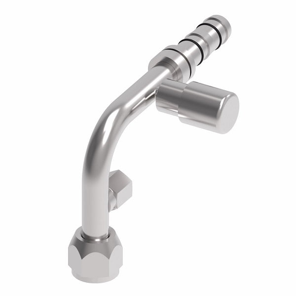 FJ3366-01-0810S E-Z Clip System by Danfoss | Female SAE with R134a C/Port & Switch Port (1/8-27 thd) 90° Elbow | A/C Refrigeration Fitting | -08 Female UNF x -10 Hose Barb | Steel