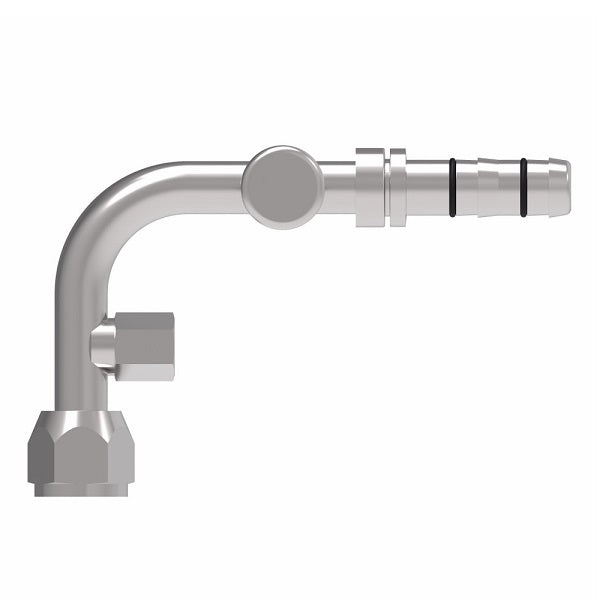 FJ3366-02-0808S E-Z Clip System by Danfoss | Female SAE with R134a C/Port & Switch Port (1/8-27 thd) 90° Elbow | A/C Refrigeration Fitting | -08 Female UNF x -08 Hose Barb | Steel