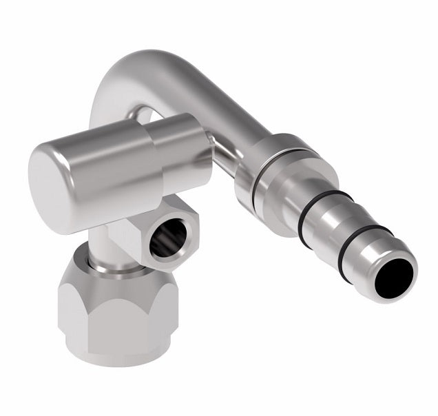 FJ3366-02-0808S E-Z Clip System by Danfoss | Female SAE with R134a C/Port & Switch Port (1/8-27 thd) 90° Elbow | A/C Refrigeration Fitting | -08 Female UNF x -08 Hose Barb | Steel