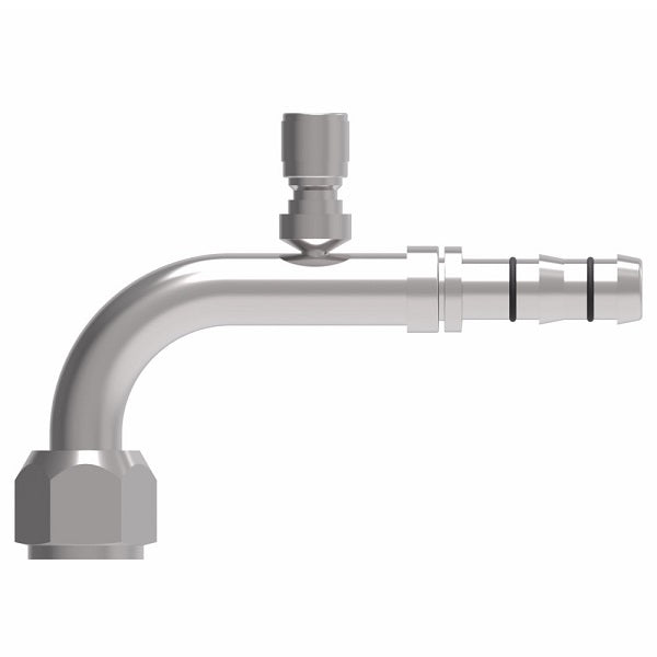 FJ3460-03-1212S E-Z Clip System by Danfoss | Female O-Ring 90° Elbow (Long Pilot) with Switch Port (M12 X 1.5) | A/C Refrigeration Fitting | -12 Female O-Ring Long Pilot x -12 Hose Barb | Steel