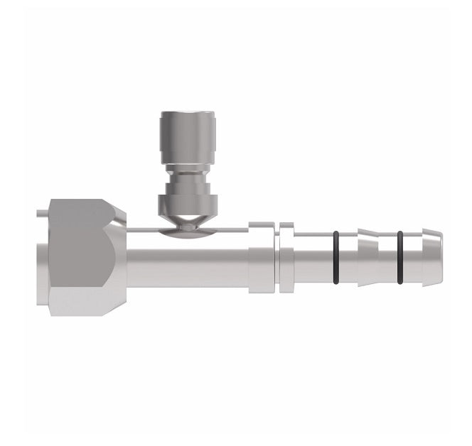 FJ3461-01-1010S E-Z Clip System by Danfoss | Female O-Ring (Long Pilot) with Switch Port (M12 X 1.25) | A/C Refrigeration Fitting | -10 Female O-Ring Long Pilot x -10 Hose Barb | Steel