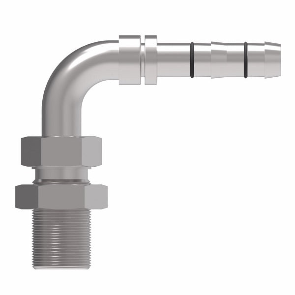 FJ3514-1010S E-Z Clip System by Danfoss | Male O-Ring Pilot Bulkhead 90° Elbow | A/C Refrigeration Fitting | -10 Male O-Ring Pilot x -10 Hose Barb | Steel