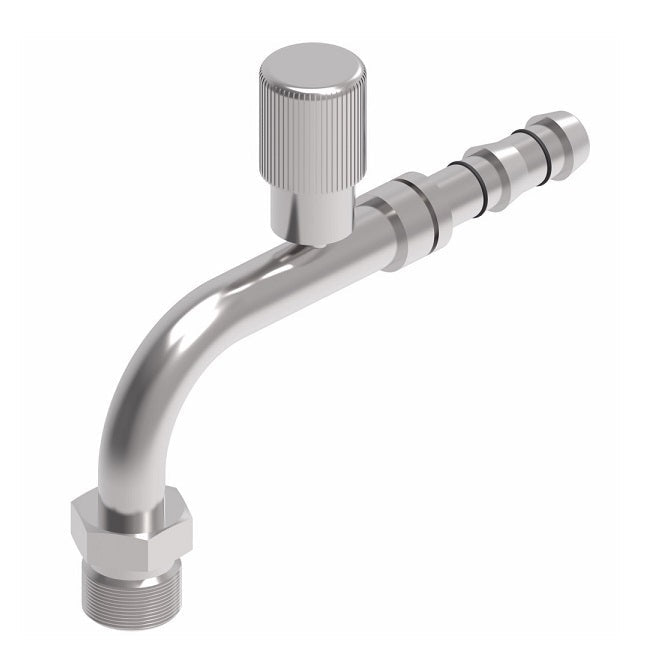 FJ3611-01-0808S E-Z Clip System by Danfoss | Male MIO (Male Insert O-Ring) 90° Elbow with R134a High Side Port | A/C Refrigeration Fitting | -08 Male MIO x -08 Hose Barb| Steel