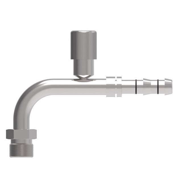 FJ3611-01-0808S E-Z Clip System by Danfoss | Male MIO (Male Insert O-Ring) 90° Elbow with R134a High Side Port | A/C Refrigeration Fitting | -08 Male MIO x -08 Hose Barb | Steel