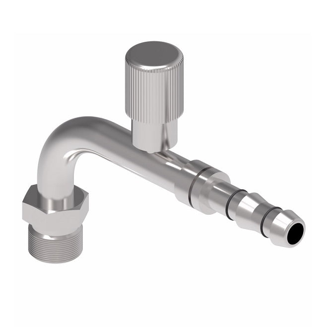 FJ3611-01-0808S E-Z Clip System by Danfoss | Male MIO (Male Insert O-Ring) 90° Elbow with R134a High Side Port | A/C Refrigeration Fitting | -08 Male MIO x -08 Hose Barb | Steel