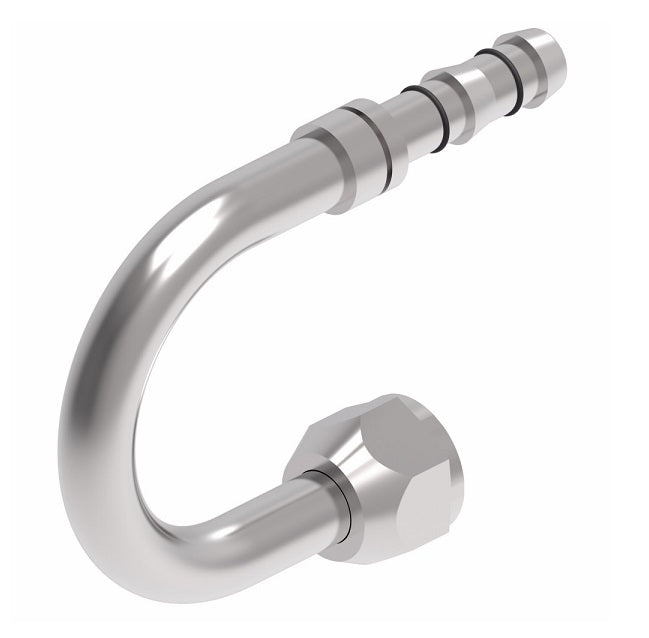 FJ3623-0808S E-Z Clip System by Danfoss | Female O-Ring (Long Pilot) 180° Elbow | A/C Refrigeration Fitting | -08 Female O-Ring Long Pilot x -08 Hose Barb | Steel