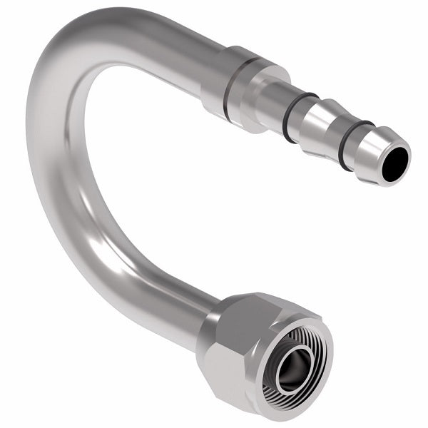 FJ3623-0808S E-Z Clip System by Danfoss | Female O-Ring (Long Pilot) 180° Elbow | A/C Refrigeration Fitting | -08 Female O-Ring Long Pilot x -08 Hose Barb | Steel