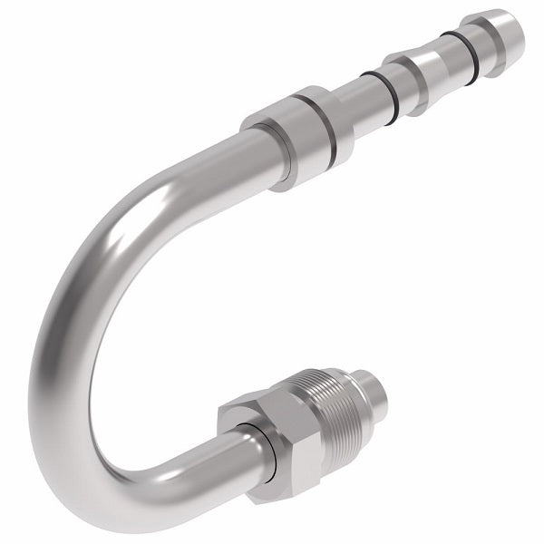 FJ3804-0606S E-Z Clip System by Danfoss | Male O-Ring (Short Pilot) 180° Elbow | A/C Refrigeration Fitting | -06 Male O-Ring Short Pilot x -06 Hose Barb | Steel