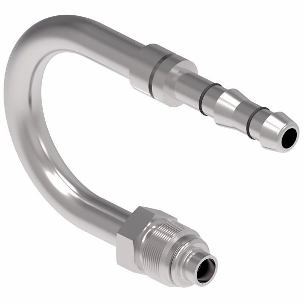 FJ3804-0606S E-Z Clip System by Danfoss | Male O-Ring (Short Pilot) 180° Elbow | A/C Refrigeration Fitting | -06 Male O-Ring Short Pilot x -06 Hose Barb | Steel