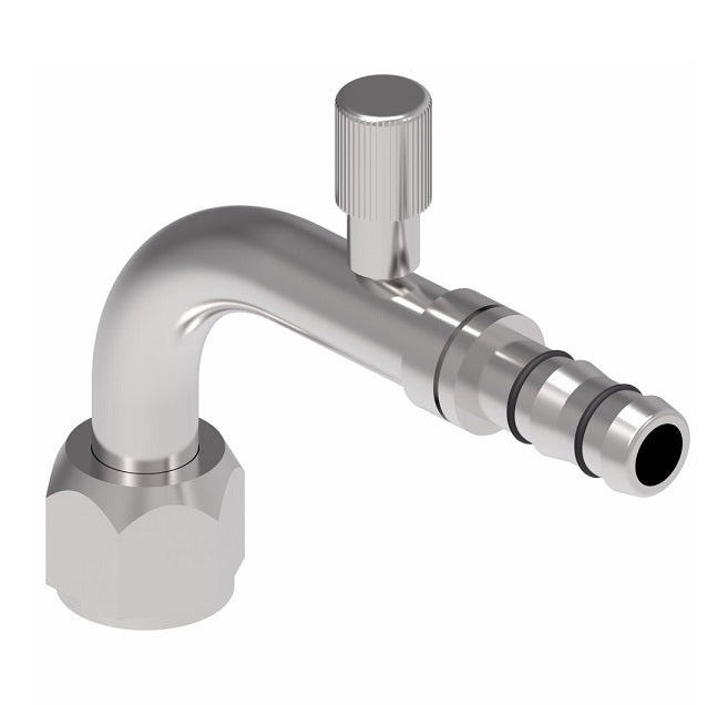 FJ3892-01-1010S E-Z Clip System by Danfoss | Female O-Ring (Long Pilot) with R134a Low Side Port (Metric Thread) 90° Elbow | A/C Refrigeration Fitting | M24 Female O-Ring Long Pilot x -10 Hose Barb | Steel