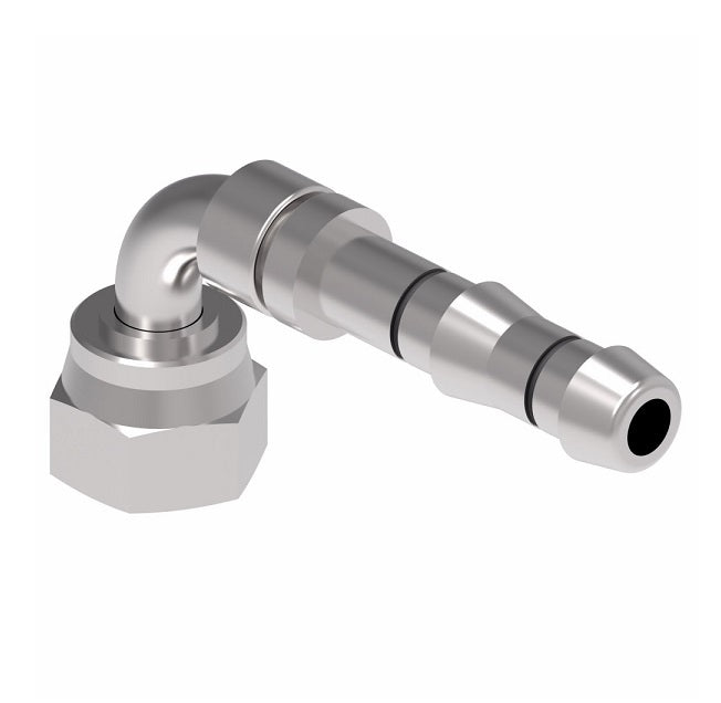 GA23913-4-4 E-Z Clip System by Danfoss | Female ORS Swivel Metric Hex Nut 90° Elbow | A/C Refrigeration Fitting | -04 Female O-Ring Face Seal Swivel x -04 Hose Barb | Steel