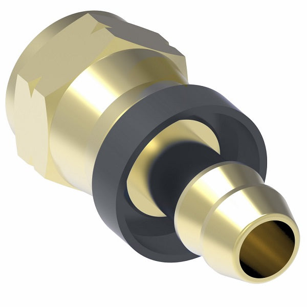 10006B-406 Weatherhead by Danfoss | Female SAE 45° Flare Swivel Field Attachable Push-On Fitting | 100 'B' Series Barb-Tite | -06 Female SAE 45° Flare Swivel x -06 Push-On Hose Barb | Brass