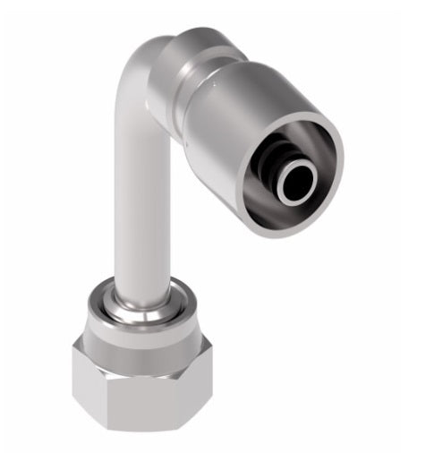EJ5041-0606S Aeroquip by Danfoss | Female ORS Swivel Long Drop 90° Elbow 100R5 Crimp Fitting | FJ Series | -06 Female O-Ring Face Seal Swivel x -06 Hose Barb | Steel