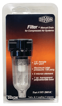 F07-200AC Dixon Series 1 Carded Miniature FRL - 1/4" Carded Miniature Filter with Transparent Bowl - Automatic Drain - 24 SCFM