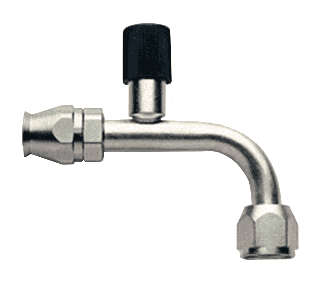 FBE1833 (FCE1833) Eaton Aeroquip® -08 A/C Hose Fitting - Reusable Female O-Ring Pilot with Charge Port - 90° Elbow - Nickel-Plated Steel