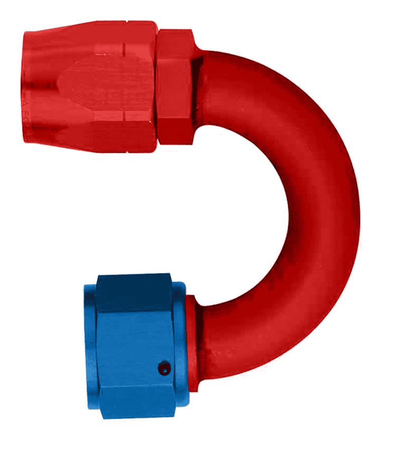 FBM1062 (FCM1062) Eaton Aeroquip® -06 Reusable S.A.E. 37° (JIC/AN) Non-Swivel 180° Elbow Fitting - Red/Blue Anodized Aluminum