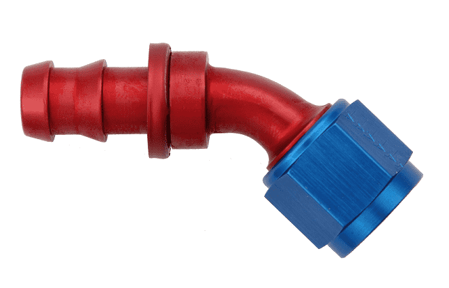 FBM1523 (FCM1523) Eaton Aeroquip® -08 SOCKETLESS™ S.A.E. 37° (JIC/AN) 45° Elbow Fitting - Red/Blue Anodized Aluminum