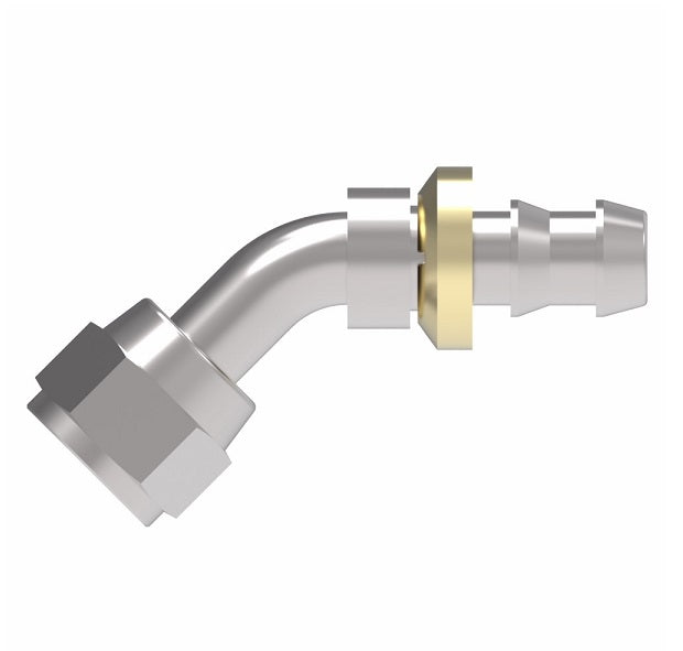 FC5849-0404S Aeroquip by Danfoss | Female Universal Swivel 45° Elbow Socketless Reusable Hose Fitting | FC Series | -04 Female JIC Swivel (Also Couples w/ SAE 45° Flare) x -04 Push-On Hose Barb | Steel