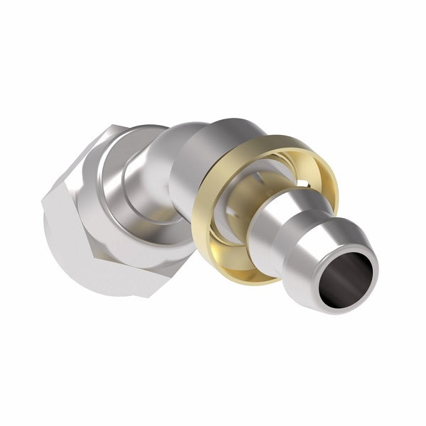 FC5849-0404S Aeroquip by Danfoss | Female Universal Swivel 45° Elbow Socketless Reusable Hose Fitting | FC Series | -04 Female JIC Swivel (Also Couples w/ SAE 45° Flare) x -04 Push-On Hose Barb | Steel