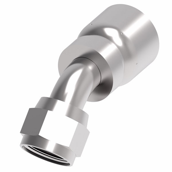 FJ3243-1010S Aeroquip by Danfoss | Female Universal Swivel 45° Elbow 100R5 Crimp Fitting | FJ Series | -10 Female JIC Swivel (Also Couples w/ SAE 45° Flare) x -10 Hose Barb | Steel