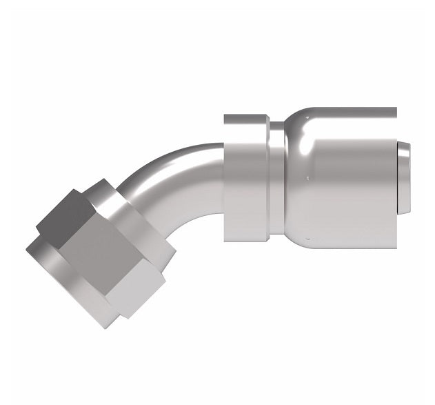 FJ3243-1012S Aeroquip by Danfoss | Female Universal Swivel 45° Elbow 100R5 Crimp Fitting | FJ Series | -10 Female JIC Swivel (Also Couples w/ SAE 45° Flare) x -12 Hose Barb | Steel